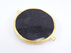 42mm Smoky Black Pendant Connector, Round Faceted Jade, Stone Connector, Black Pendant, Black Stone - 22k Matte Gold plated Bezel - 1pc