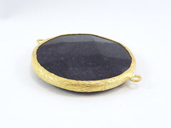 42mm Smoky Black Pendant Connector, Round Faceted Jade, Stone Connector, Black Pendant, Black Stone - 22k Matte Gold plated Bezel - 1pc