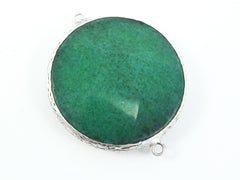 Large 42mm Deep Green Round Facted Jade Connector Pendant - Matte Antique Silver plated Bezel - 1pc