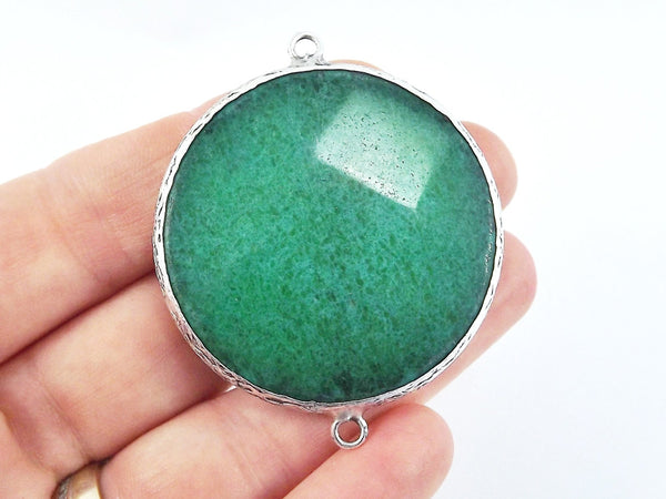 Large 42mm Deep Green Round Facted Jade Connector Pendant - Matte Antique Silver plated Bezel - 1pc