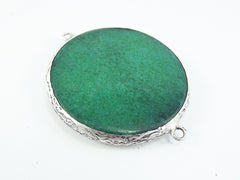 Large 42mm Deep Green Round Facted Jade Connector Pendant - Matte Antique Silver plated Bezel - 1pc