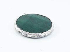 Large 42mm Deep Green Round Facted Jade Pendant - Matte Antique Silver plated Bezel - 1pc