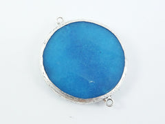 Large 42mm Cyan Blue Round Facted Jade Connector Pendant - Matte Antique Silver plated Bezel - 1pc