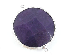 Large 42mm Mulberry Purple Round Facted Jade Connector Pendant - Matte Antique Silver plated Bezel - 1pc