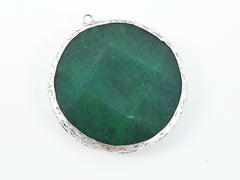 Large 42mm Deep Green Round Facted Jade Pendant - Matte Antique Silver plated Bezel - 1pc