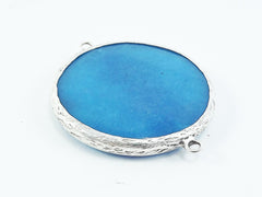 Large 42mm Cyan Blue Round Facted Jade Connector Pendant - Matte Antique Silver plated Bezel - 1pc