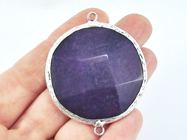 Large 42mm Mulberry Purple Round Facted Jade Connector Pendant - Matte Antique Silver plated Bezel - 1pc