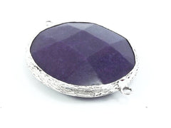 Large 42mm Mulberry Purple Round Facted Jade Connector Pendant - Matte Antique Silver plated Bezel - 1pc