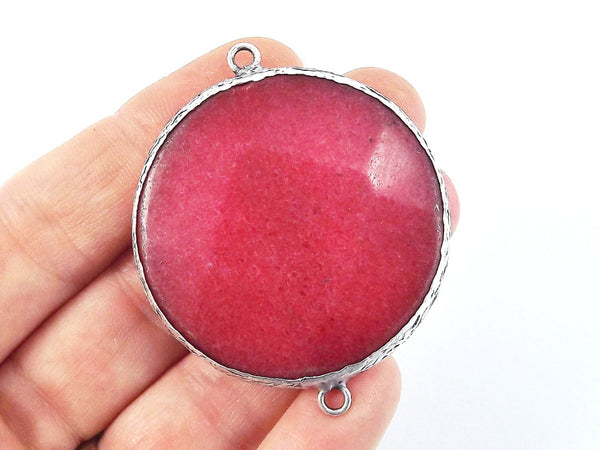 Large 42mm Red Round Facted Jade Connector Pendant - Matte Antique Silver plated Bezel - 1pc
