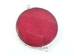 Large 42mm Red Round Facted Jade Connector Pendant - Matte Antique Silver plated Bezel - 1pc