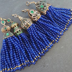 Large Long Royal Blue Jade Stone Beaded Tassel with Crystal Accents - Antique Bronze - 1PC