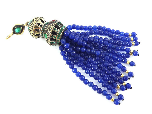 Large Long Royal Blue Jade Stone Beaded Tassel with Crystal Accents - Antique Bronze - 1PC