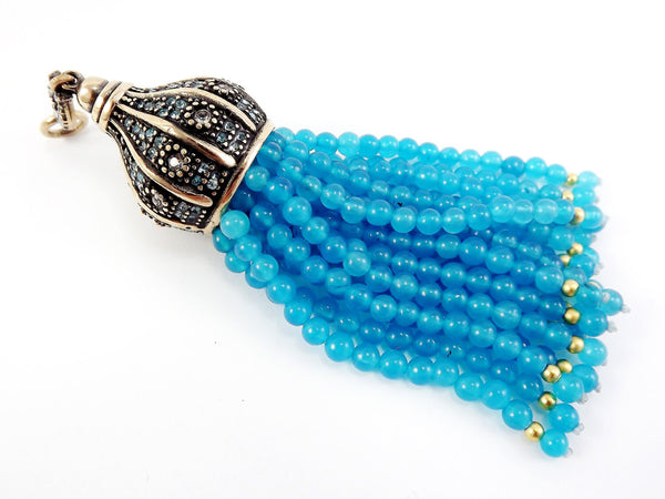Large Long Blue Curacao Jade Stone Beaded Tassel with Crystal Accents - Antique Bronze - 1PC