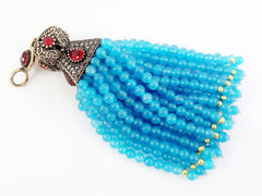 NEW FULLER - Large Long Blue Curacao Jade Stone Stone Beaded Tassel with Red Clear Crystal Accents - Antique Bronze - 1PC