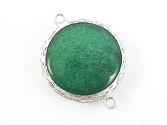 26mm Emerald Green Faceted Jade Connector - Matte Antique Silver Plated Bezel - 1pc