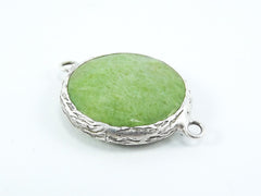 26mm Sap Green Faceted Jade Connector - Matte Antique Silver Plated Bezel - 1pc