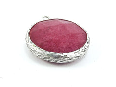 26mm Red Bud Faceted Jade Pendant - Matte Antique Silver Plated Bezel - 1pc