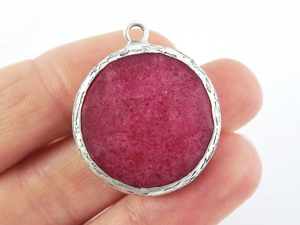 26mm Red Bud Faceted Jade Pendant - Matte Antique Silver Plated Bezel - 1pc