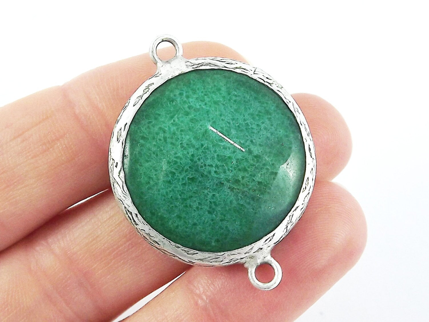 26mm Emerald Green Faceted Jade Connector - Matte Antique Silver Plated Bezel - 1pc
