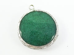 26mm Emerald Green Faceted Jade Pendant - Matte Antique Silver Plated Bezel - 1pc
