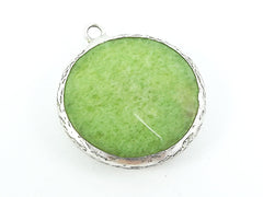 26mm Sap Green Faceted Jade Pendant - Matte Antique Silver Plated Bezel - 1pc
