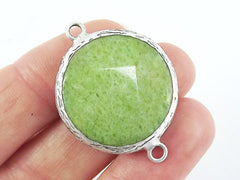 26mm Sap Green Faceted Jade Connector - Matte Antique Silver Plated Bezel - 1pc
