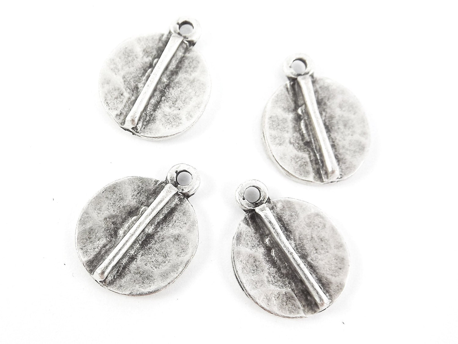 4 Hammered Disc Tribal Pendant Charms - Matte Antique Silver Plated