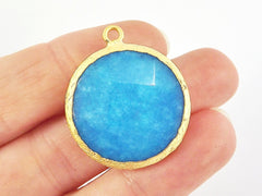 26mm Cyan Blue Faceted Jade Pendant - Gold plated Bezel - 1pc