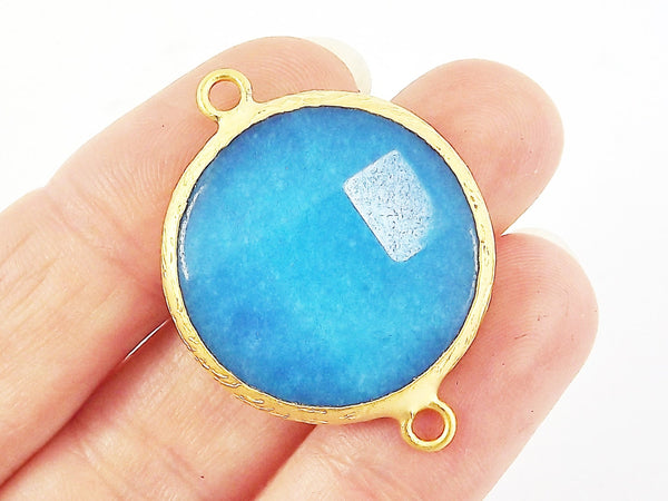 26mm Cyan Blue Faceted Jade Connector- Gold plated Bezel - 1pc - GP242