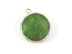 22mm Green Tea Faceted Jade Pendant - Matte Silver plated Bezel - 1pc