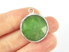 22mm Green Tea Faceted Jade Pendant - Matte Silver plated Bezel - 1pc