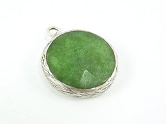 22mm Green Tea Faceted Jade Pendant - Matte Silver plated Bezel - 1pc