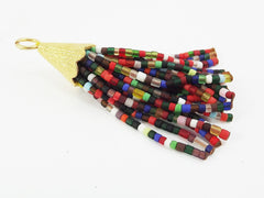 Short Multicolor Mix Afghan Tibetan Heishi Tube Beaded Tassel  Handmade - TYPE 2 - Textured 22k Matte Gold Plated Cap - 55mm = 2.16inches
