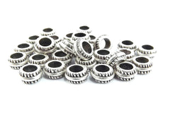 30 NEW 7mm x 3mm Round Ribbed Matte Antique Silver Plated Beads Spacers