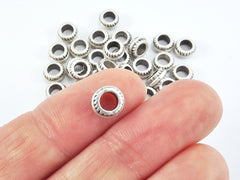 30 NEW 7mm x 3mm Round Ribbed Matte Antique Silver Plated Beads Spacers