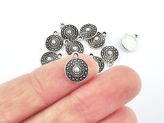 10 Mini Round Tribal Charms - Matte Antique Silver Plated