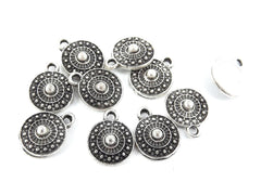 10 Mini Round Tribal Charms - Matte Antique Silver Plated