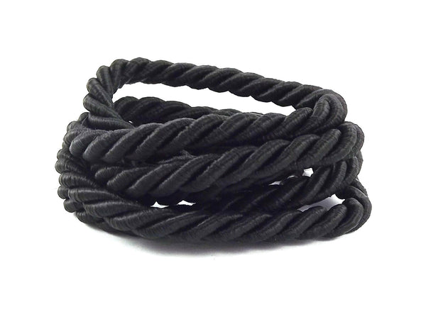 7mm Black Rope Cord Twisted Rayon Satin Rope, Silk Braid, Twisted Rope Jewelry Necklace Cord - 3 Ply Twist - 1 meters - 1.09 Yards