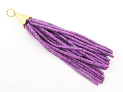Purple Heart Afghan Tibetan Heishi Tube Beaded Tassel - Handmade - Textured 22k Matte Gold Plated Cap - 92mm = 3.62inches  -1PC