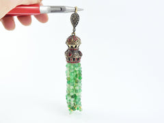 Large Long Mixed Green Jade Stone Beaded Tassel with Crystal Accents - Antique Bronze - 1PC