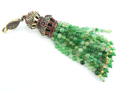 Large Long Mixed Green Jade Stone Beaded Tassel with Crystal Accents - Antique Bronze - 1PC