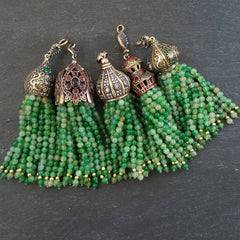 Large Long Mixed Green Jade Stone Beaded Tassel with Crystal Accents - Antique Bronze - 1PC