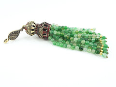 Large Long Mixed Green Jade Stone Beaded Tassel with Crystal Accents - Antique Bronze - 1PC