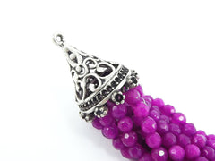 Long Violet Purple Jade Stone Beaded Tassel with Antique Matte Silver Plated Filigree cap - 1pc