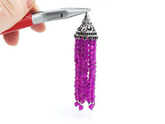 Long Violet Purple Jade Stone Beaded Tassel with Antique Matte Silver Plated Filigree cap - 1pc
