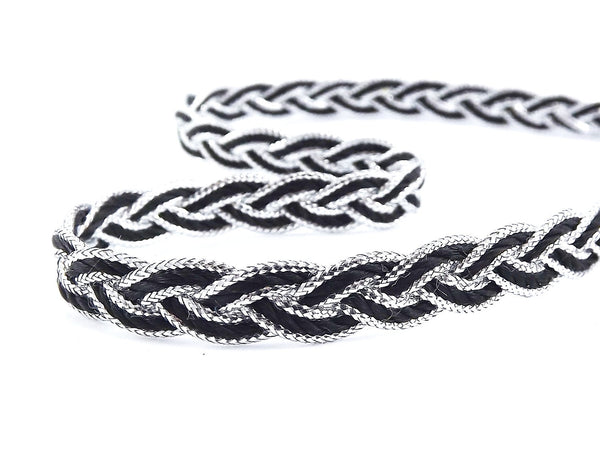 Black Metallic Silver Braided Plait Cord Satin Silk Cord Trim - 3 Ply - 1 meters - 1.09 Yards