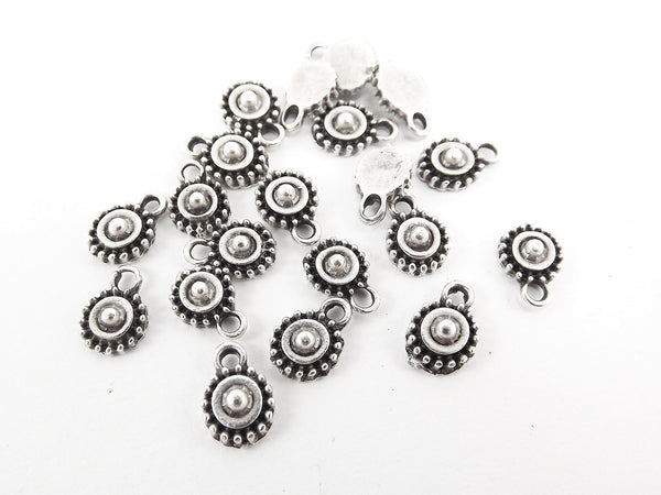 20 Tiny Rustic Cast Round Tribal Charms - Matte Antique Silver Plated