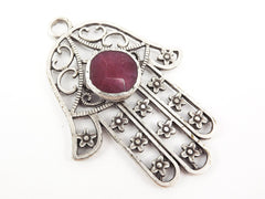 Extra Large Hamsa Hand of Fatima Pendant Red Mauve Jade - Matte Antique Silver Plated - 1PC