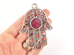 Extra Large Hamsa Hand of Fatima Pendant Red Mauve Jade - Matte Antique Silver Plated - 1PC