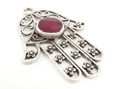 Extra Large Hamsa Hand of Fatima Pendant Red Mauve Jade - Matte Antique Silver Plated - 1PC